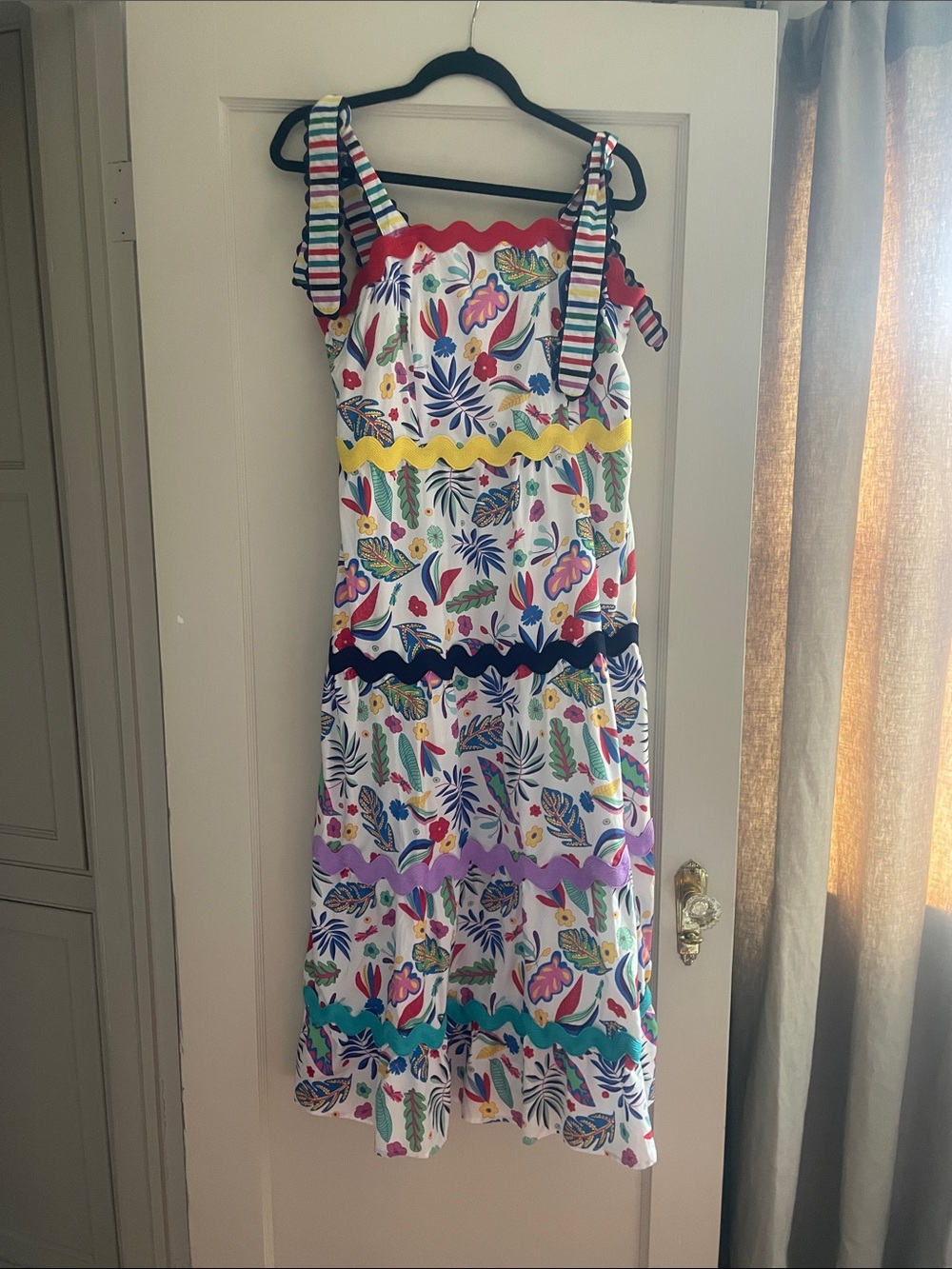 Floral Tiered Sundress with Colorful Trim - White Multi